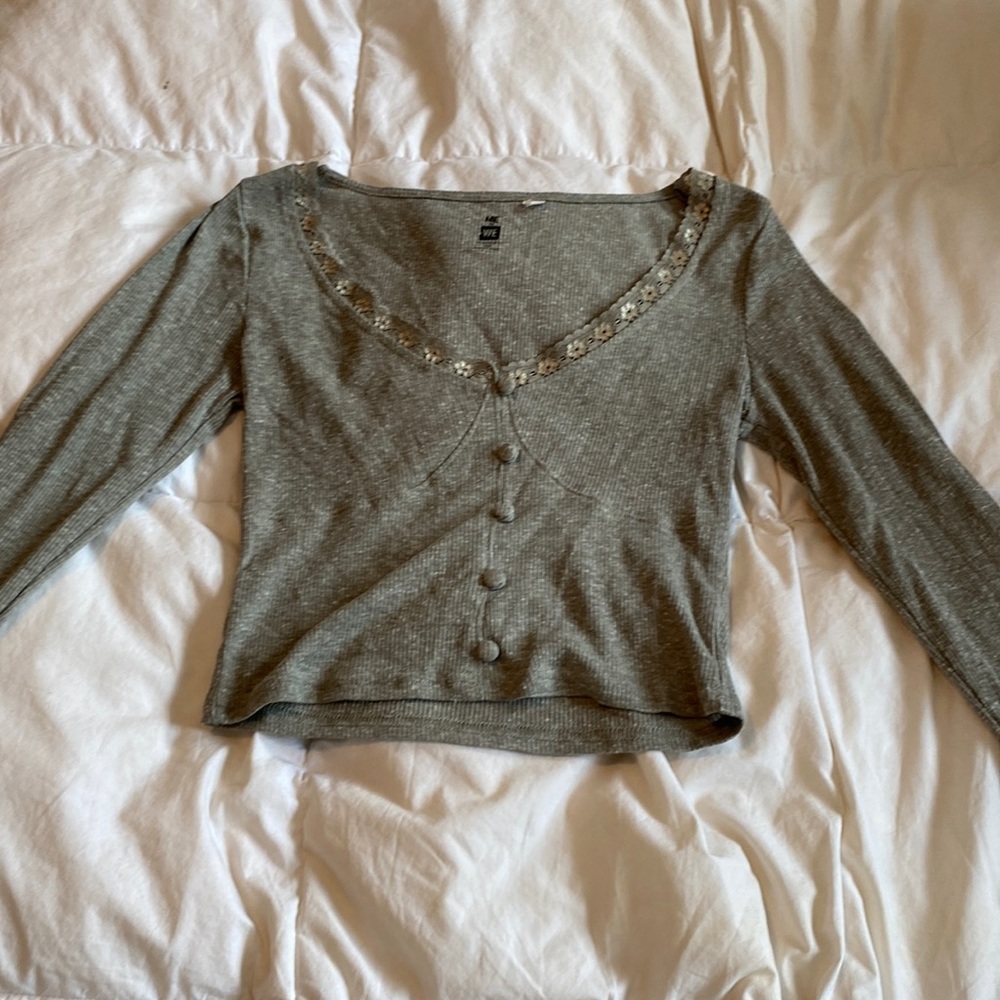 long sleeve grey shirt, lace neckline, never worn, size XS